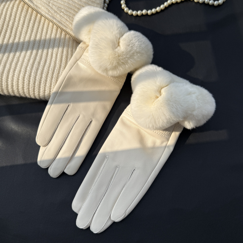 美美哒皮手套加绒保暖防寒女白色羊皮獭兔毛手套粉色真皮真毛多色