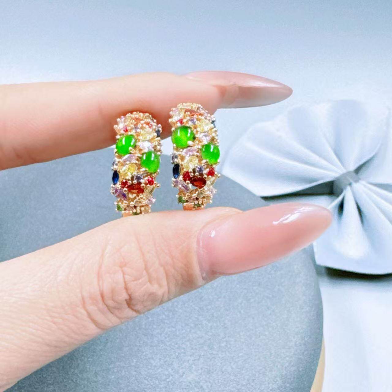 翡翠彩钻金色糖果耳扣