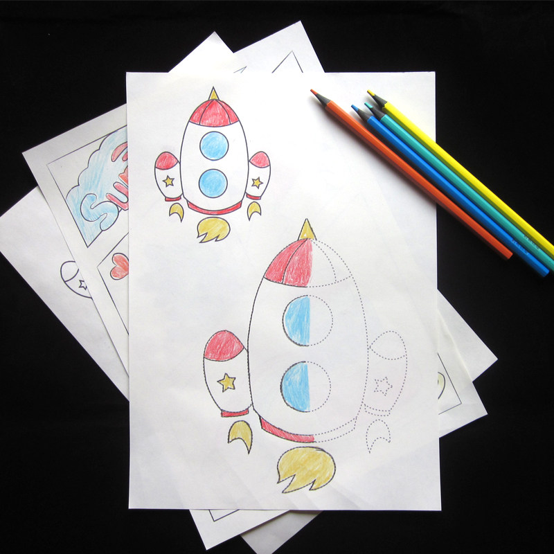 宝宝3-4-6岁航天飞机火箭线稿手绘描摹涂色本 填色本虚线控笔涂鸦