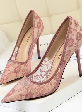 紫色高跟鞋女蕾丝镂空网纱尖头单鞋粉色夏季气质红色网状调情小众