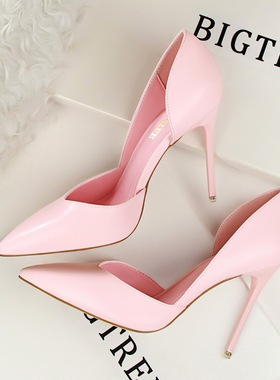 10cm侧空高跟鞋女夏细跟粉色气质名媛百搭尖头单鞋女2024春秋新款