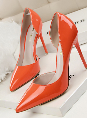 尖头单鞋女新款春夏季蓝色特细跟高跟鞋超浅口气质侧镂空橘色御姐