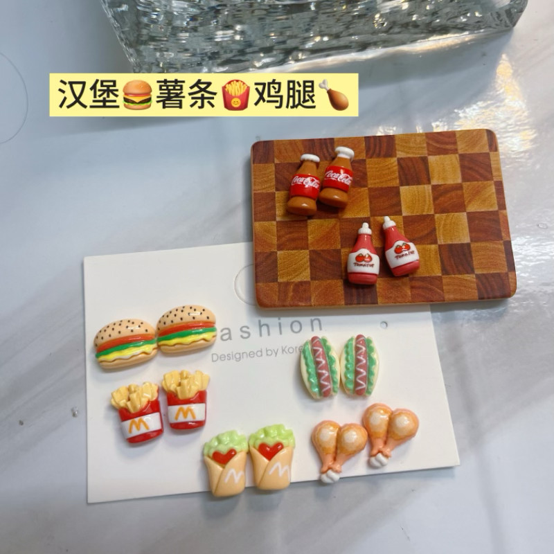 原创手工好吃的M记薯条耳钉925银搞怪趣味蚊香耳夹ins风鸡腿热狗
