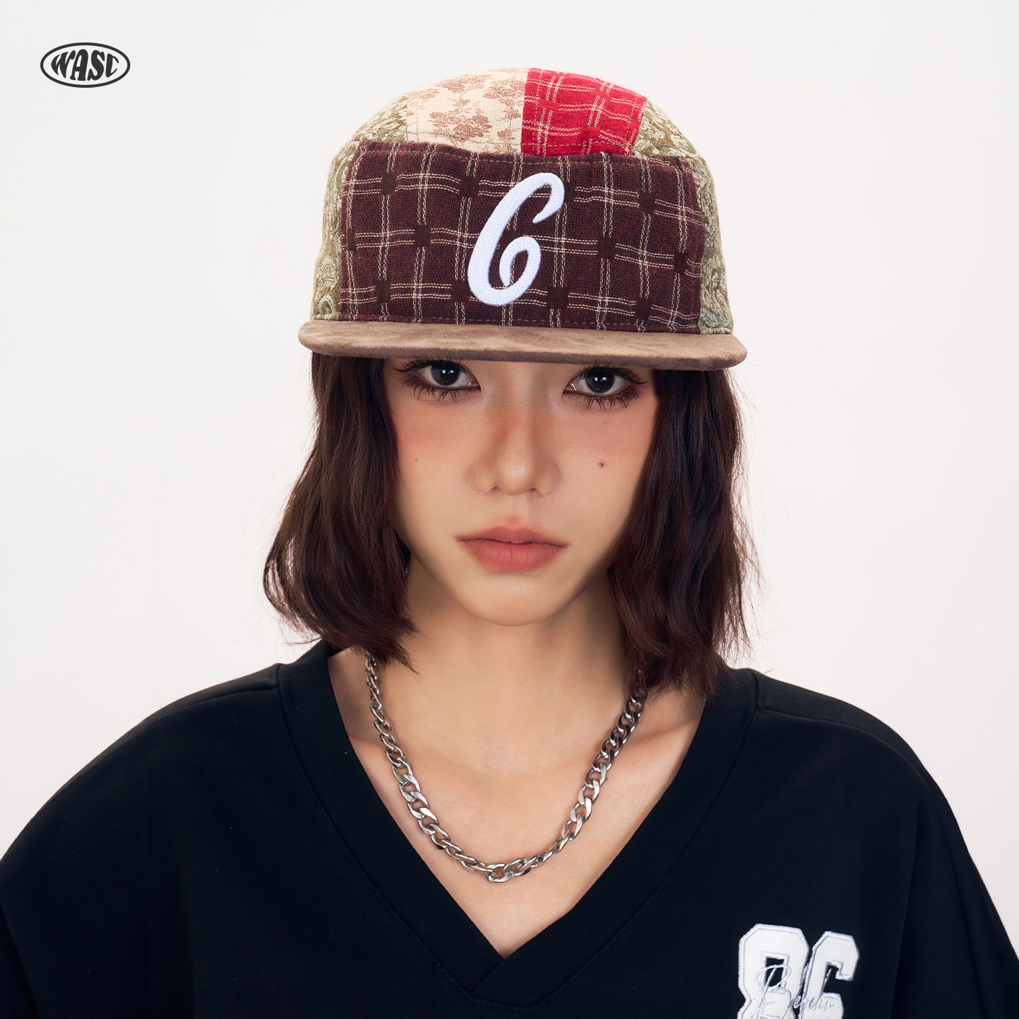 wasc新款复古拼接平顶帽子女款立体字母药盒帽大头围平檐棒球帽男
