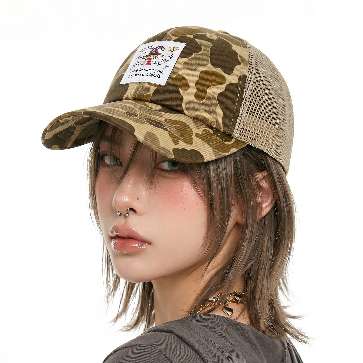 新款美式迷彩街头风六片帽棒球帽女休闲大头围显脸小鸭舌帽卡车帽