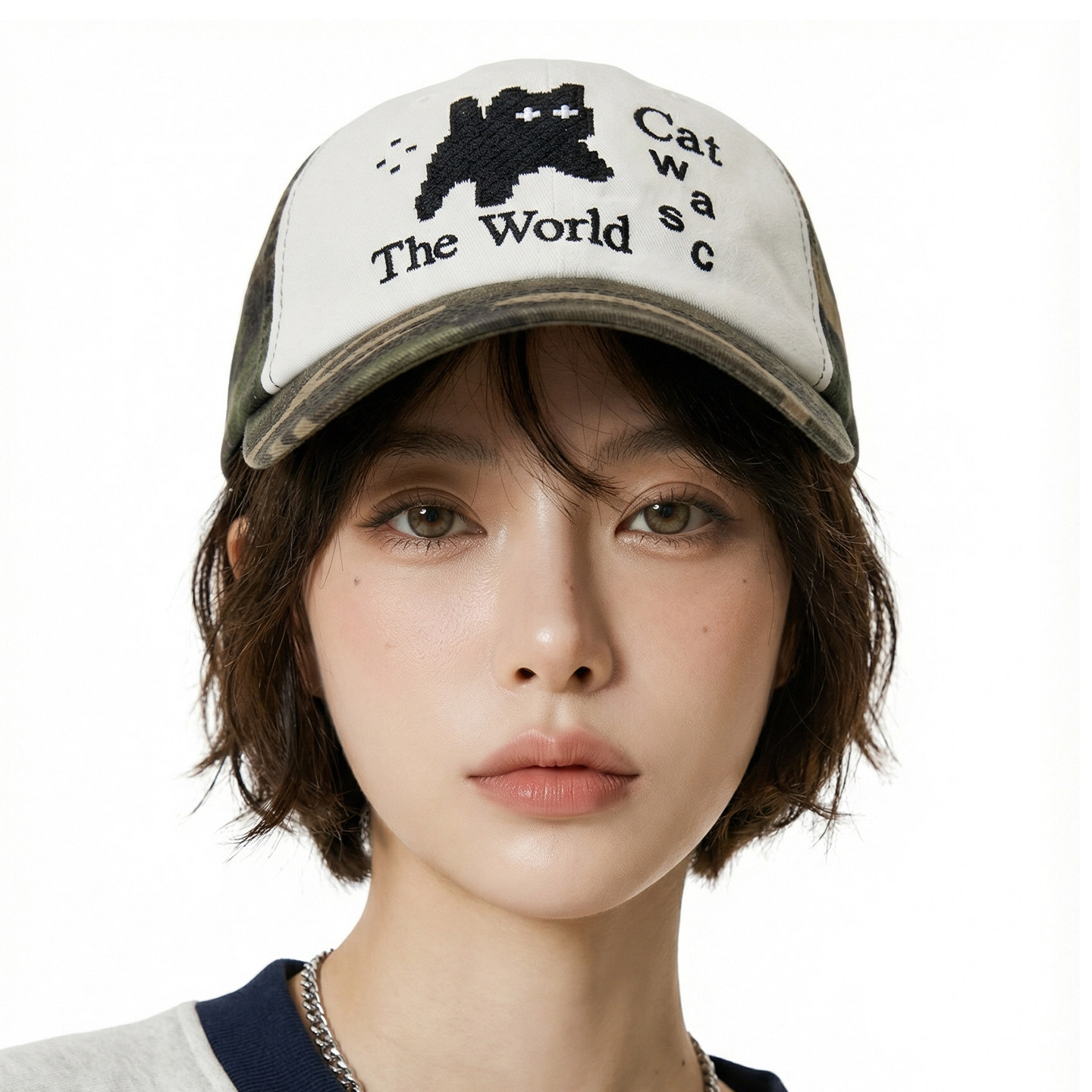 美式迷彩猫咪刺绣拼接棒球帽子女春夏户外百搭大头围鸭舌帽显脸小