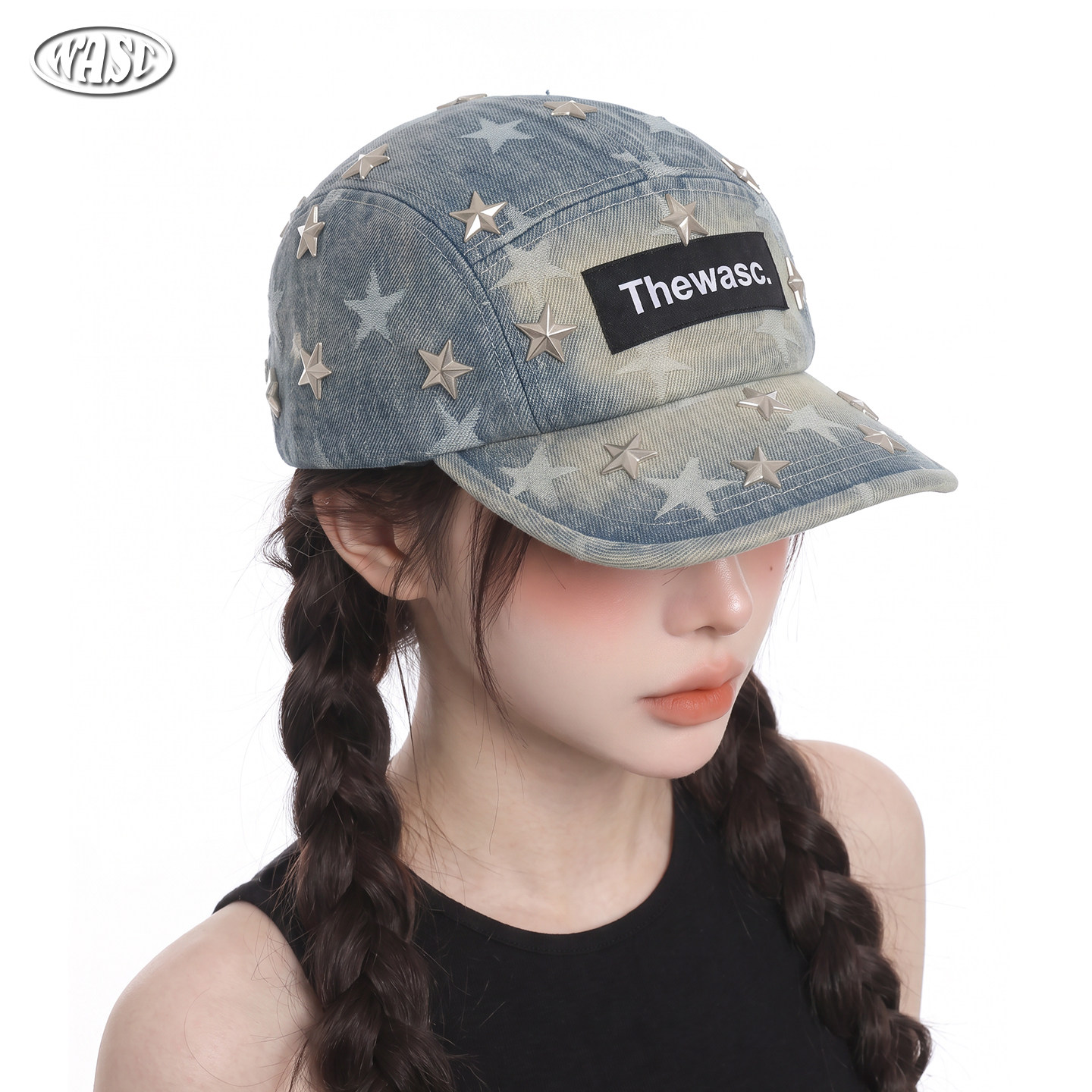 美式复古金属铆钉星星牛仔鸭舌帽女大头围显脸小遮阳防晒棒球帽子