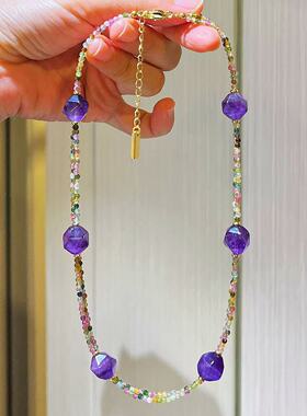 高品质天然碧玺紫水晶设计感锁骨