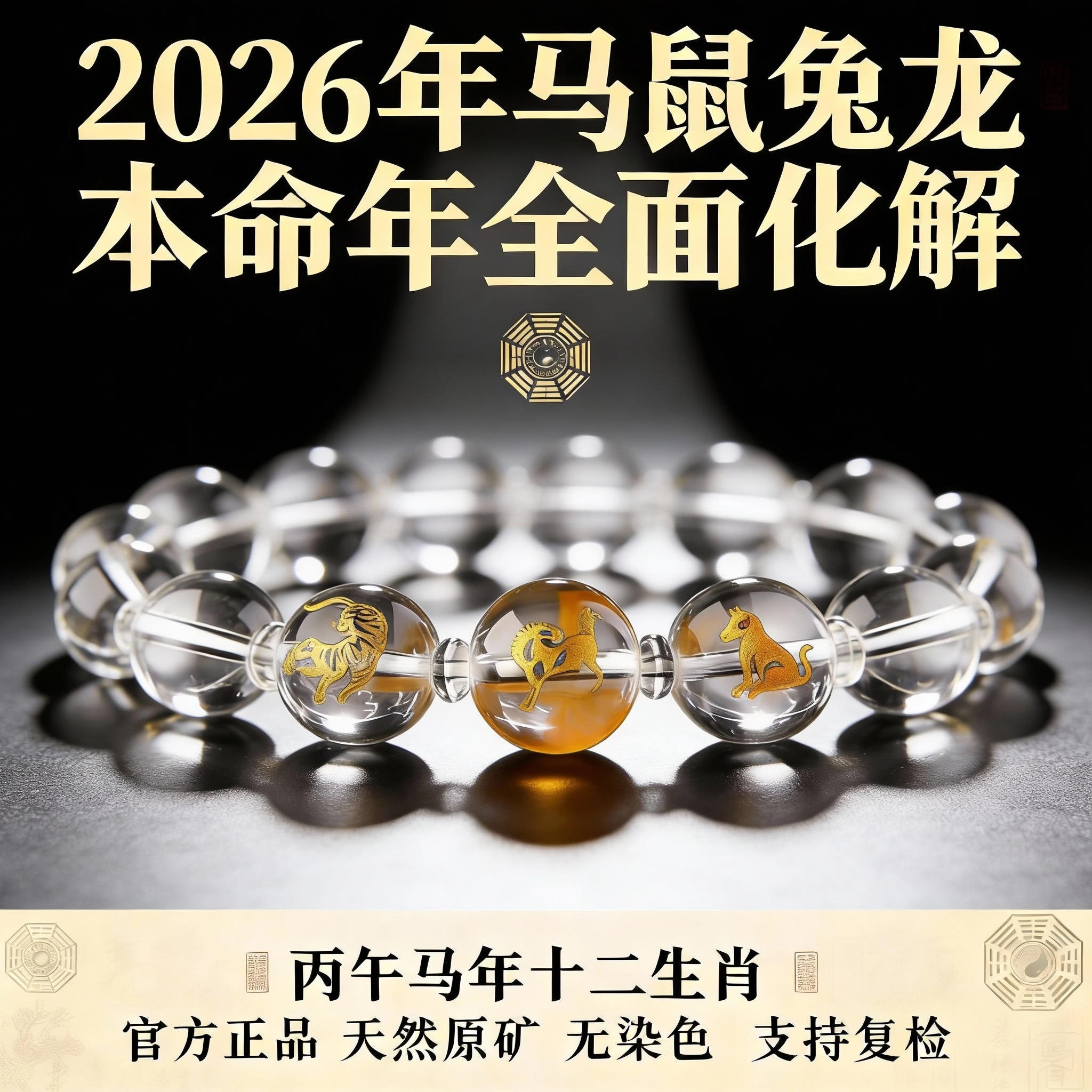 马虎狗三合贵人手串天然白水晶手链本命年化解护身十二生肖男女