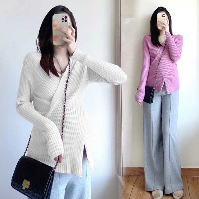 임부복 봄 가을 디자인 상의 긴팔 밑단 셔츠 밀착되는 가을 겨울 고탄성 크로스오버 브이넥 니트 스웨터