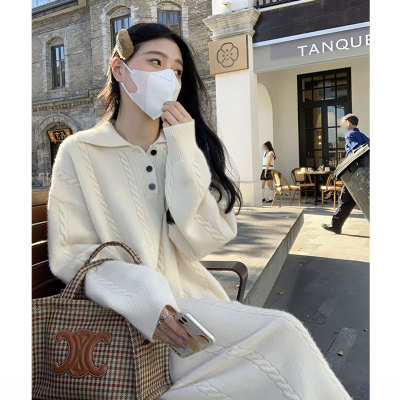 孕妇装秋冬季新款针织连衣裙宽松显瘦毛衣裙中长款打底毛衣裙白色