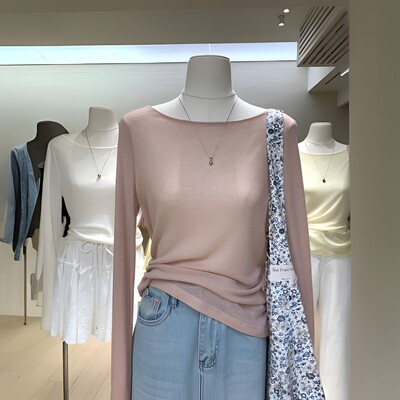 孕妇上衣2026新款裸感面膜衣露肩显瘦慵懒一字领T恤薄款防晒衫女