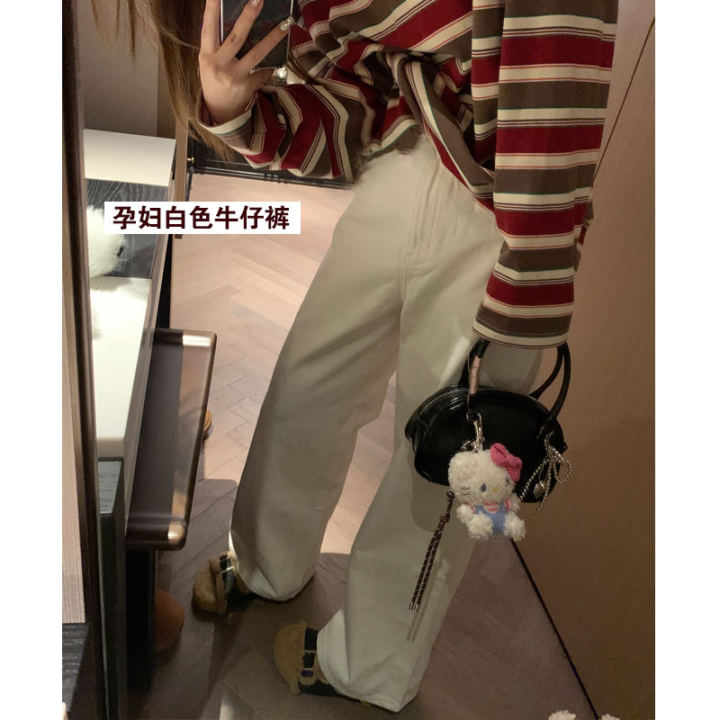 孕妇裤子春秋款白色牛仔裤薄款时尚显瘦托腹宽松直筒阔腿长裤夏季