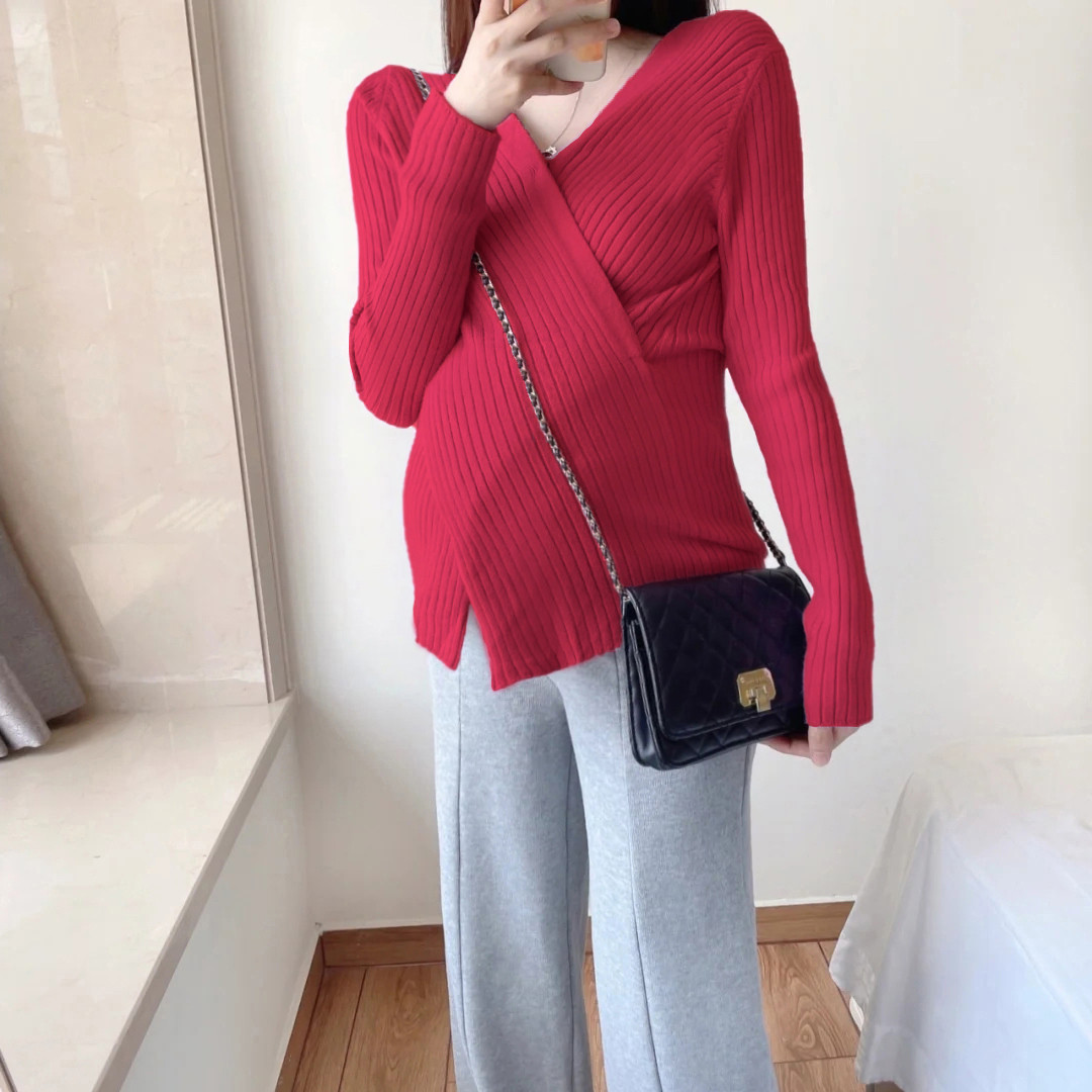 임부복 봄 가을 디자인 상의 긴팔 밑단 셔츠 밀착되는 가을 겨울 고탄성 크로스오버 브이넥 니트 스웨터