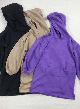 110-140外贸日系GW女孩中大童连帽套头毛圈混纺卫衣裙长袖春秋款