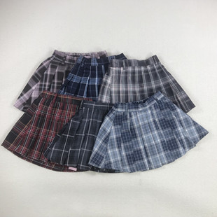 120-160外贸日单女孩中大童半松紧腰格子学院风百褶JK半身裙