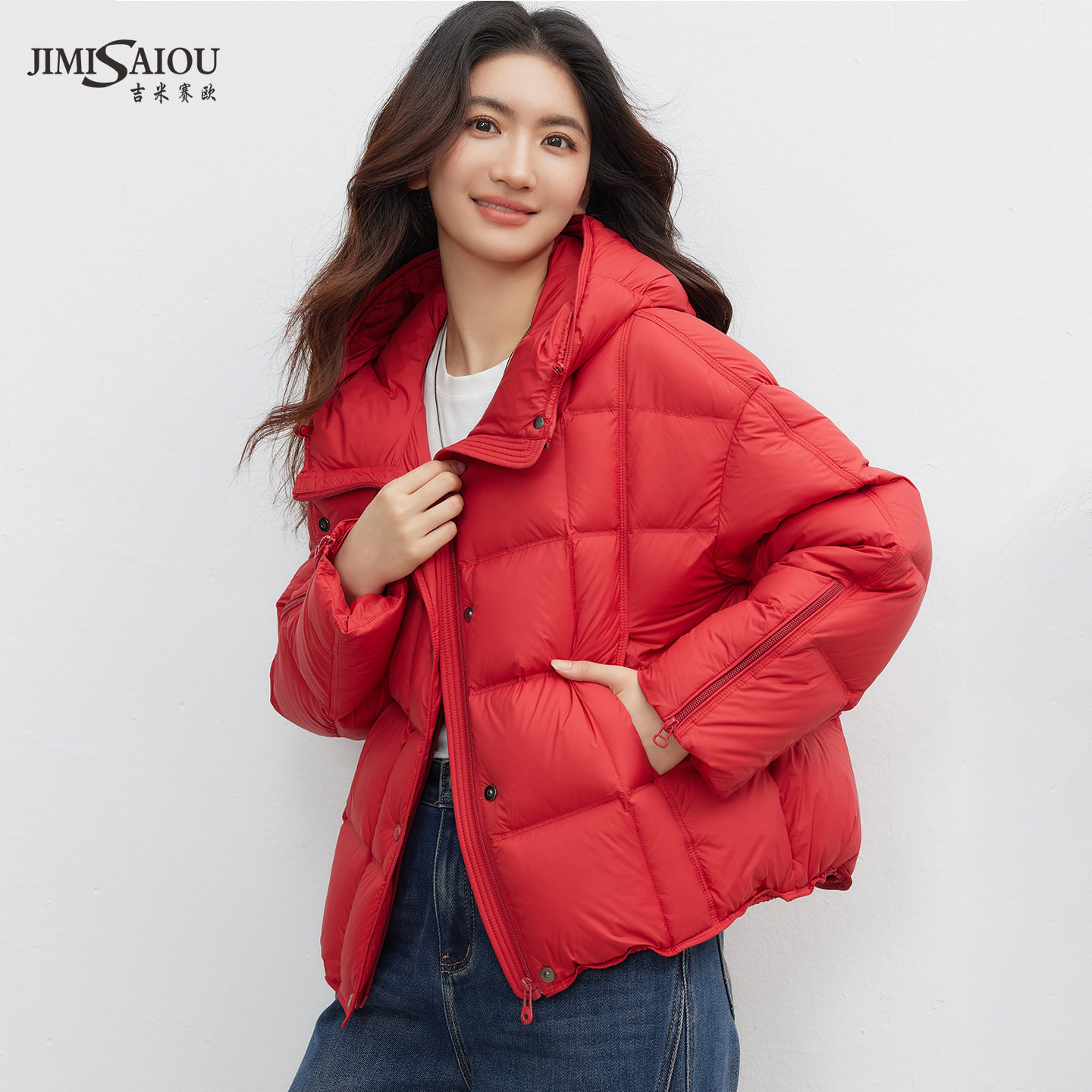 连帽羽绒服女冬季厚款保暖休闲通勤小众百搭设计感拉链袖外套上衣