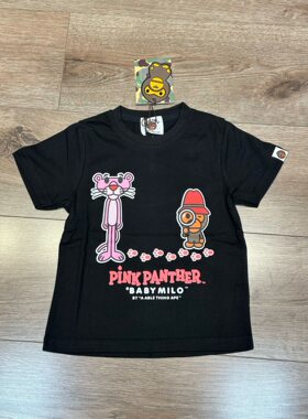 日系潮牌童装短袖T恤 猿猴粉红豹脚印印花侦探礼帽男女童上衣休闲