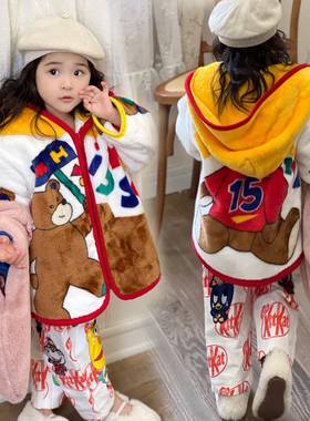 mijello25冬款 日系童装儿童毛绒拉链外套580克法莱绒举旗熊外套