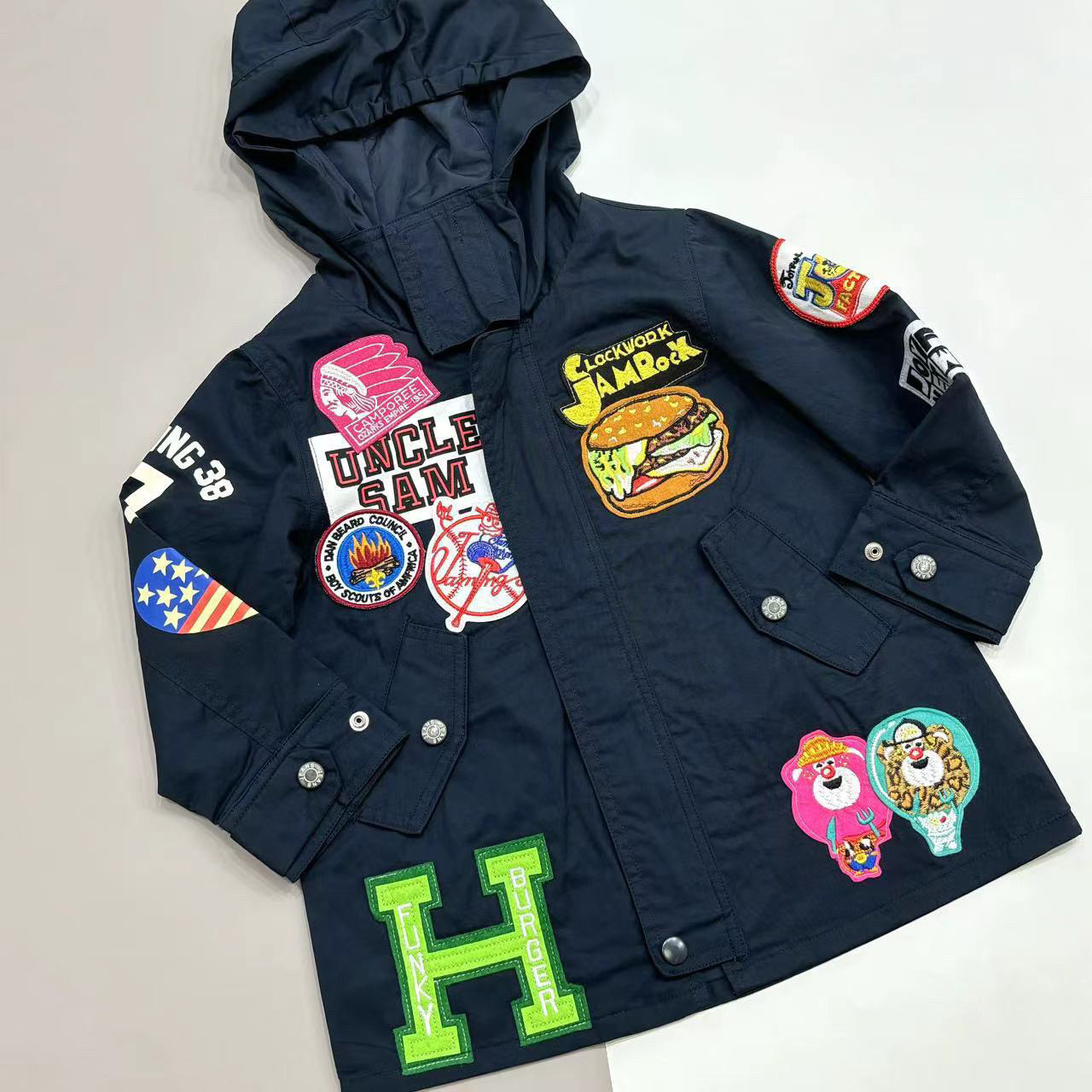 mijello童装2025春秋贴布汉堡果酱熊工装双层外套风衣 男女童休闲