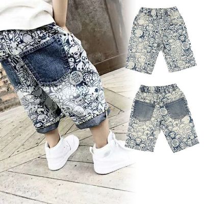 MIJELLO童装2024夏款儿童动物乐园满印 超软水洗牛仔七分裤A34