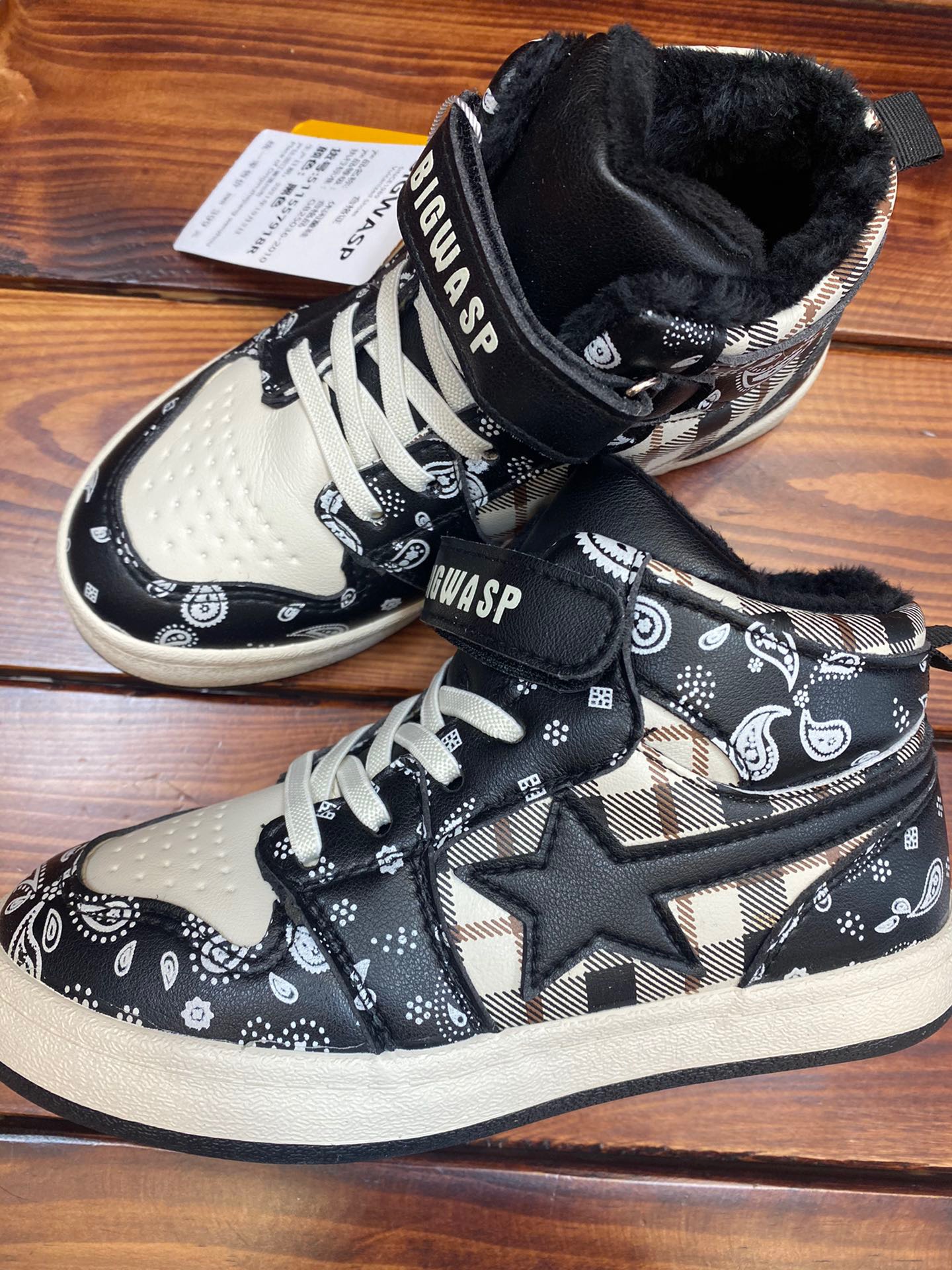 MIJELLO/2021冬款 儿童加绒棉鞋 男女童亮皮PU拼接中高帮帆布鞋