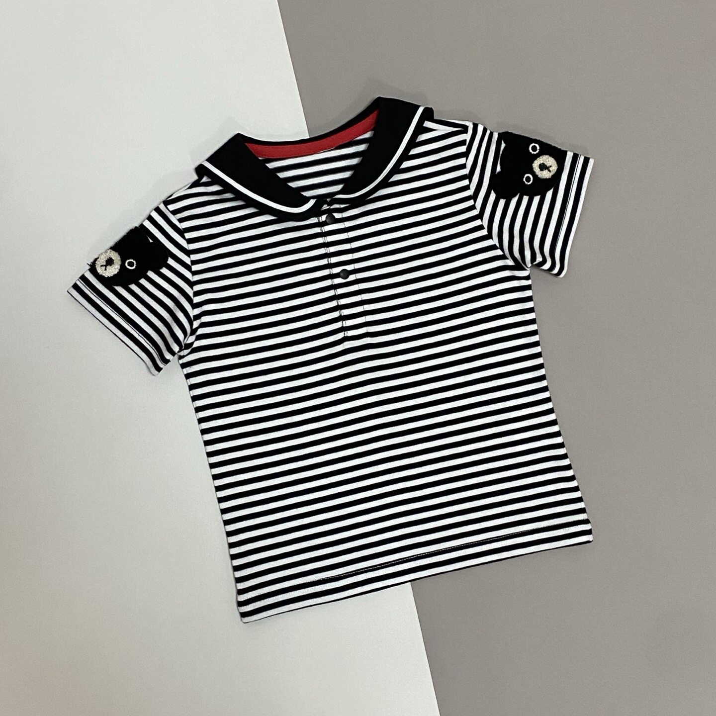 潮酷风男女童纯棉Polo衫纯棉黑白条纹小熊印花夏季透气儿童短袖