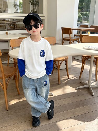 日系潮牌儿童假两件长袖T恤 男女童撞色拼接上衣猿猴春秋打底衫