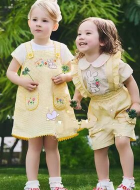 【短袖现货】26年夏MIKI高定富贵兔背心裙+童T恤+背带裤