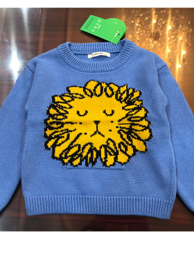 ins爆款秋冬款 男女童狮子毛衣 宝宝加厚纯棉针织套头毛衣蓝色