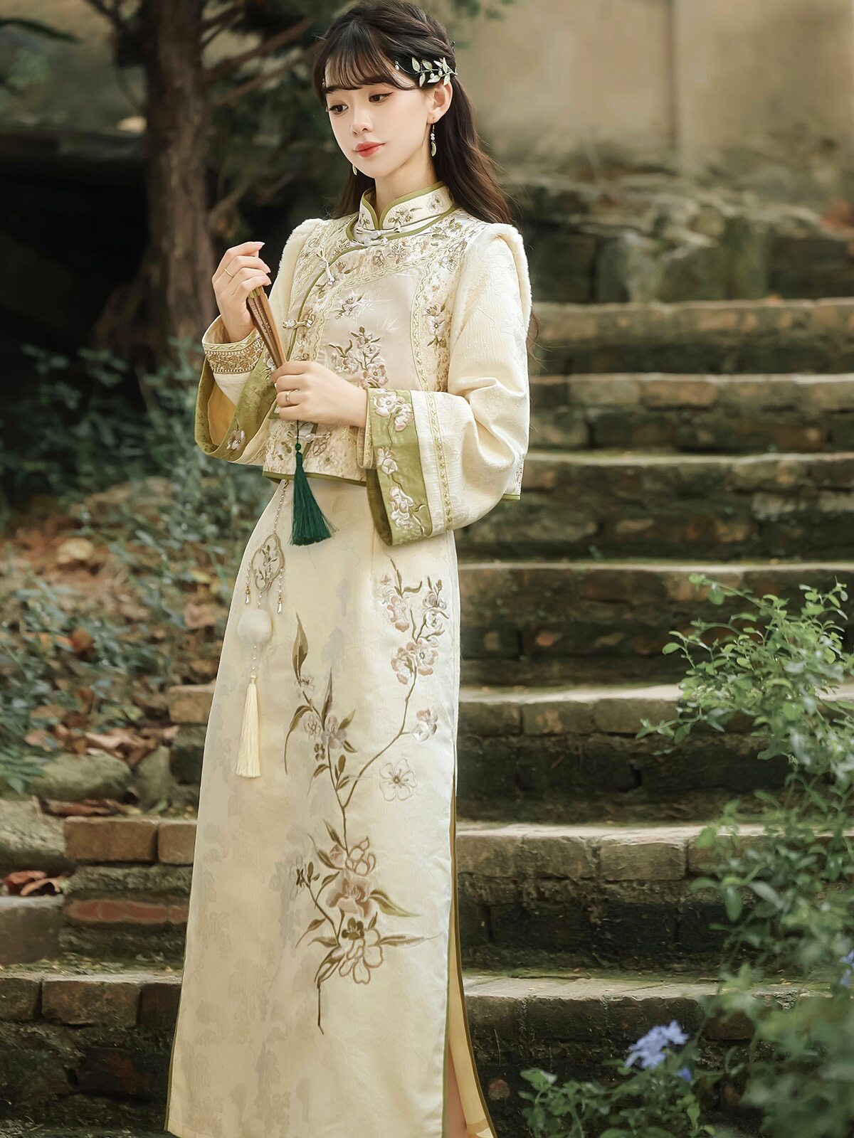 花鸟绘卷原创新中式改良旗袍马甲套装优雅民国风大小姐裙子秋冬,女装/女士精品,汉服套装,淘宝优惠券,粉丝福利购,淘宝优惠卷