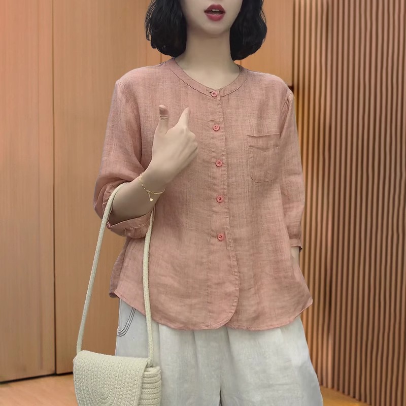 大码女装亚麻衬衫女2025新款上衣女夏季新款遮肚子七分袖苎麻小衫