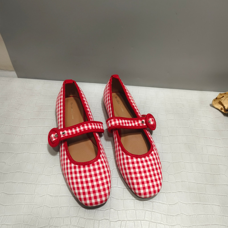 外贸原单2026女鞋英伦风红白格子布浅口圆头平底芭蕾风玛丽珍鞋女,女鞋,时尚芭蕾鞋,淘宝优惠券,粉丝福利购,淘宝优惠卷
