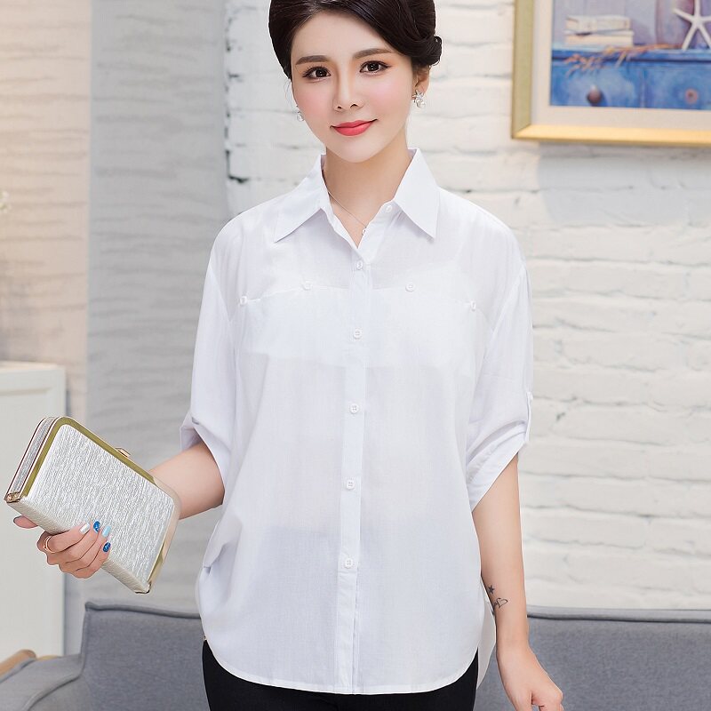 棉绸衬衫女短袖中老年女装2024春装新款宽松妈妈装五分袖衬衣上衣