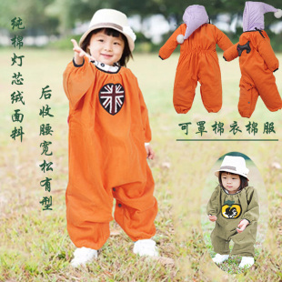 宝宝冬季外穿罩衣纯棉灯芯绒连身透气儿童防脏爬爬服宝宝连体罩衫