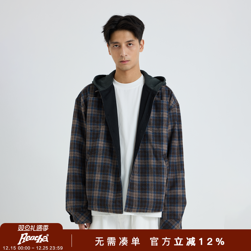 REOCHA热呈春秋日系双面穿撞色格子连帽外套宽松休闲潮牌情侣夹克