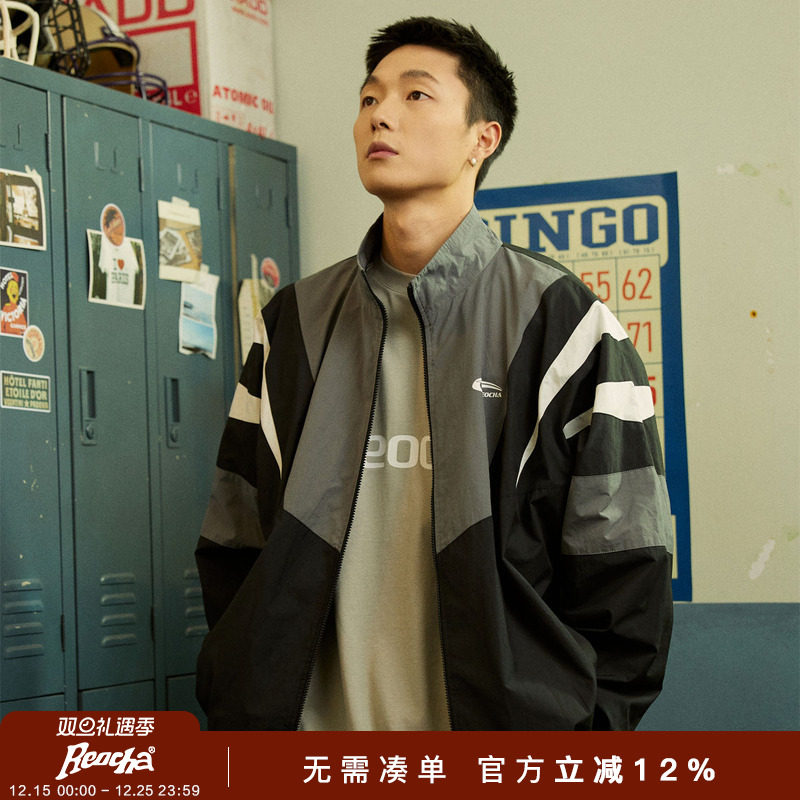 REOCHA秋冬立领拼接美式复古夹克