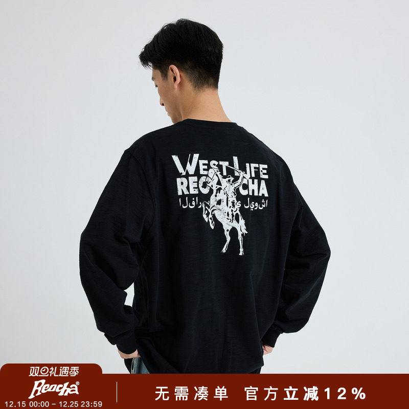 REOCHA热呈25秋冬新款牛仔印花圆领国潮牌情侣vintage长袖T恤男女