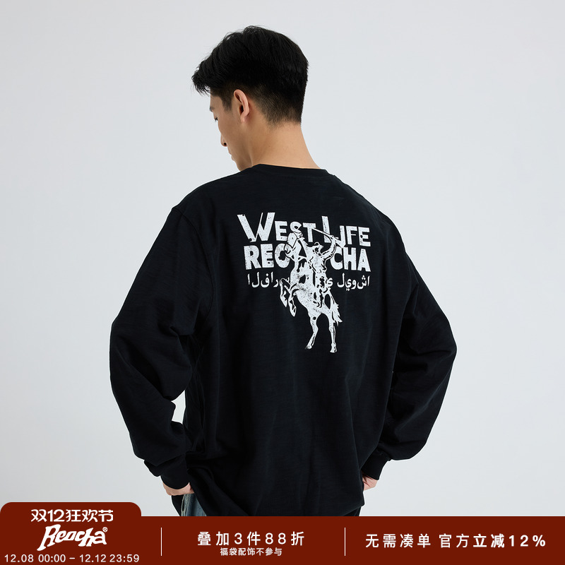 REOCHA热呈25秋冬新款牛仔印花圆领国潮牌情侣vintage长袖T恤男女