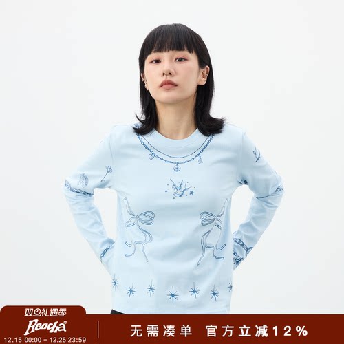 REOCHA热呈25新款修身休闲简约多元素蝴蝶结印花长袖T恤打底女