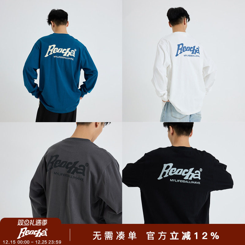 REOCHA热呈秋季印花美式长袖T恤男秋冬纯棉圆领情侣宽松潮牌上衣