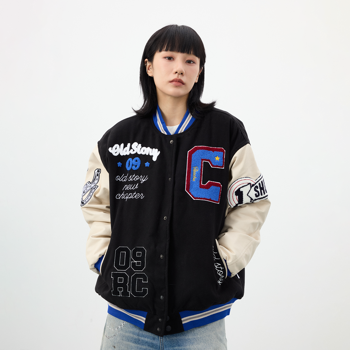 REOCHA热呈美式复古重磅刺绣皮袖pu毛呢棒球服夹克男棉服情侣外套