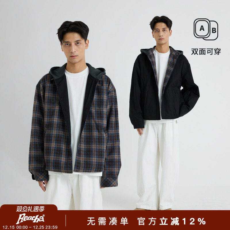 REOCHA热呈春秋日系双面穿撞色格子连帽外套宽松休闲潮牌情侣夹克