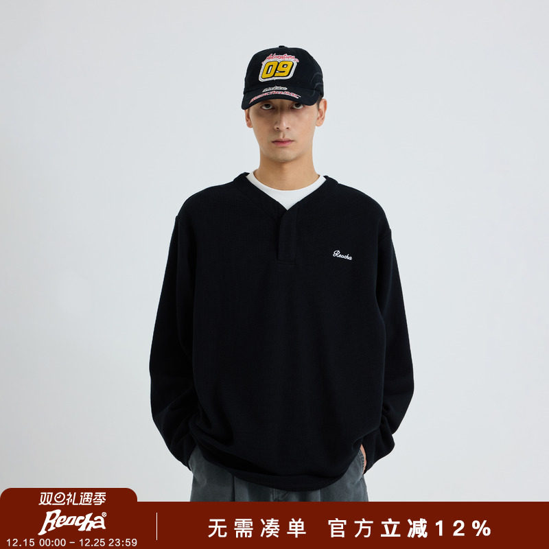 REOCHA热呈25秋冬新品日系休闲重磅华夫格假两件重磅保暖长袖卫衣