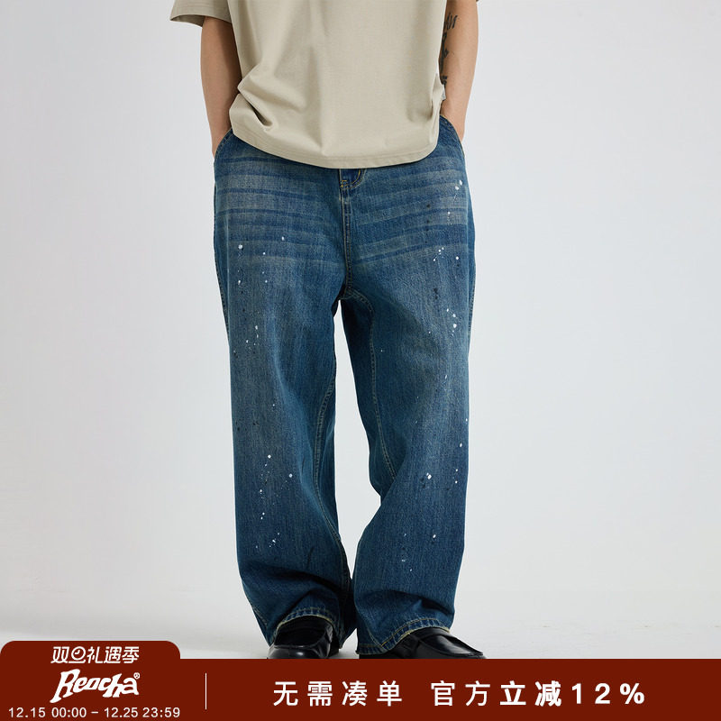 REOCHA热呈25AW新款水洗做旧cleanfit泼墨直筒牛仔裤男女
