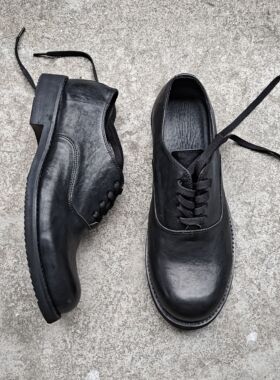 日系复古黑色小皮鞋男暗黑山本手工潮鞋个性做旧真皮软牛皮皮鞋夏