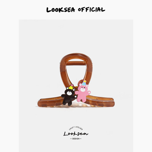 Looksea official可爱小熊纽扣抓夹卡通少女发夹丸子发抓鲨鱼夹