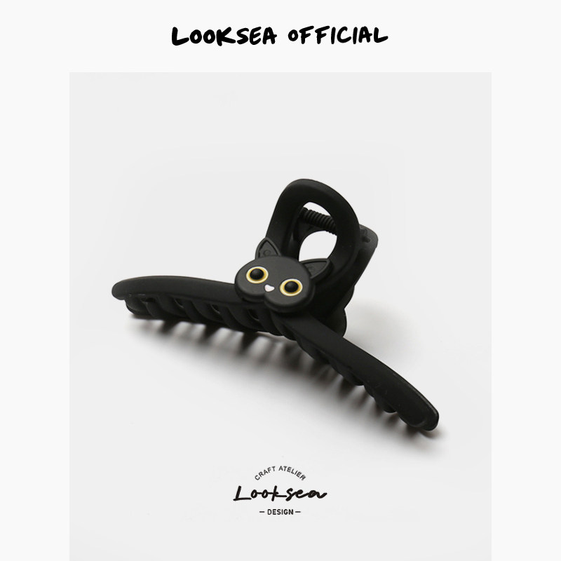 Looksea official原创可爱卡通黑色大抓夹猫咪发夹鲨鱼夹后脑勺夹