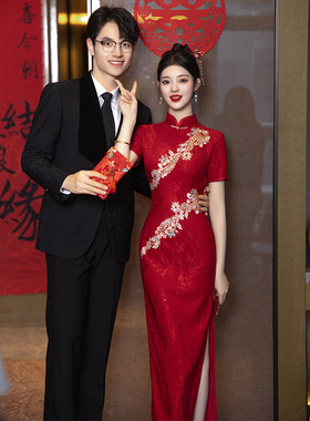 3707新娘红色亮片钉珠刺绣结婚订婚出阁宴新中式旗袍敬酒礼服裙夏