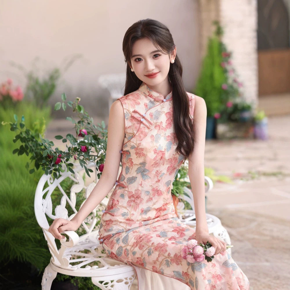 s粉色新中式绝美旗袍夏2026新款无袖长款年轻款大气上档次 无吊牌